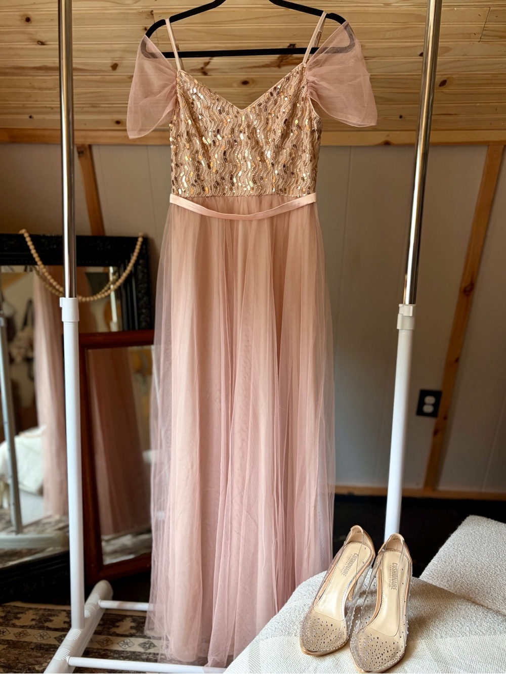 Ever-Pretty Sparkly Sequins Blush Pink Bodice Sheer Off Shoulder Tulle Prom Gown